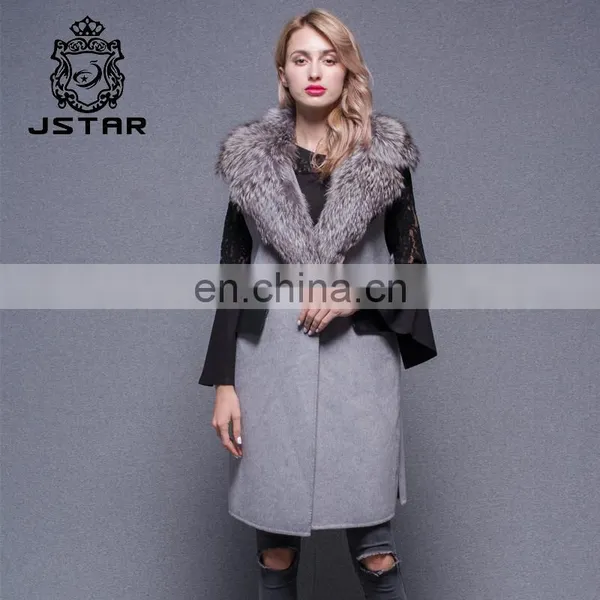Cashmere Long Vest Women Autumn Sleeveless Fleece Trench Coat With Big Fur Collar photo-3