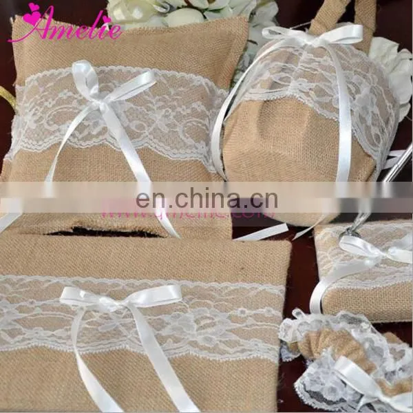 Linen With Lace Decoarted Wedding Ring Holder Pillow Set photo-3