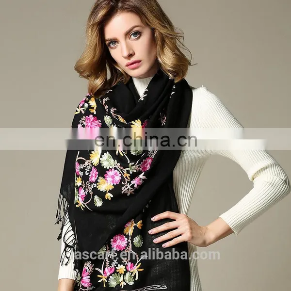 Black Embroidered Wool Scarf for Women Black photo-2