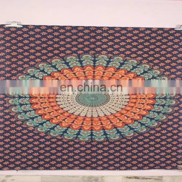 Beautiful Indian Handmade White Peacock Mandala Printed Wall Hanging Tapestry