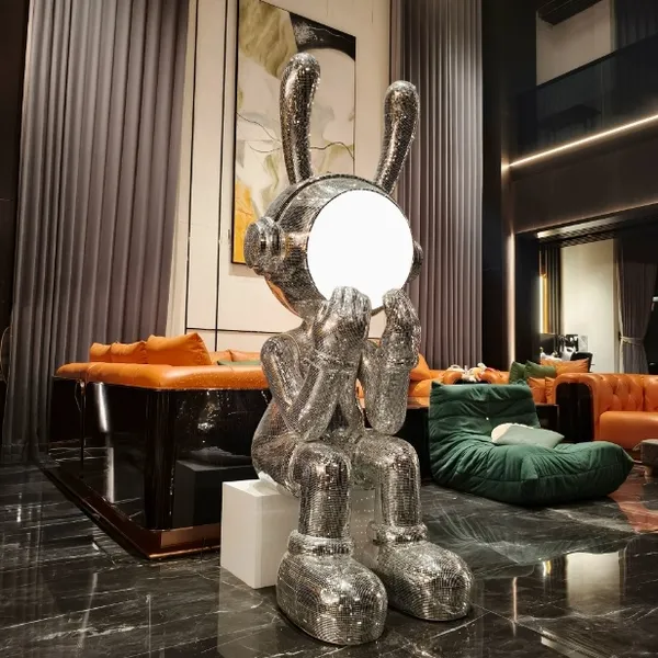 Rose Gold Rabbit Sculpture With LED Lighting on the Face, 24k Gold Reflective Art photo-5