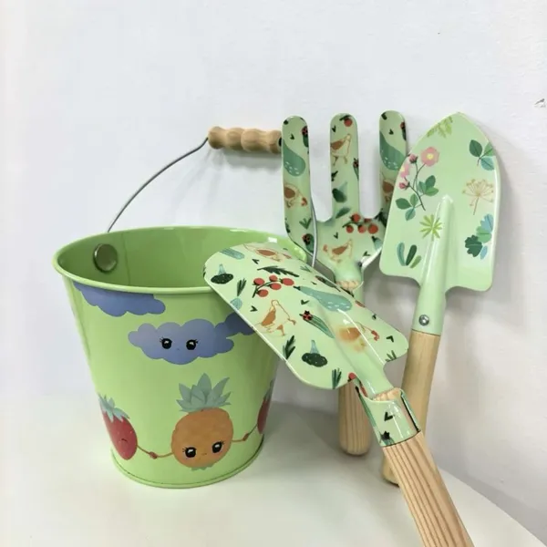 Cute Cartoon Kids Gardening Tool Set | Metal Bucket With Wooden Handle Garden Toy Kit photo-2