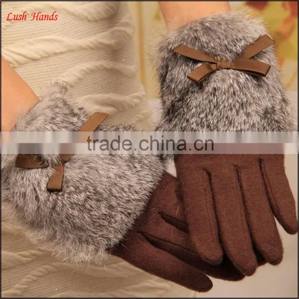 Hot Selling Ladies Lovely Woolen Gloves With Fur Cuff photo-2