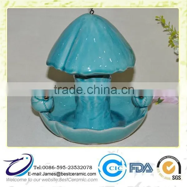 Blue Glazed Ceramic Bird Houses Baths & Feeders With Mushrooms