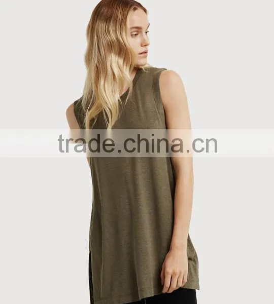 Latest Fashion Design Women Clothing Sleeveless Side Split Loose Long T-shirt photo-2