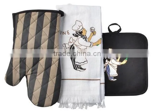 Cotton Twill Material Set Coffee or Cook Chef Design Oven Mitten Pot Holder Kitchen Basics Set photo-2