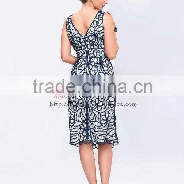 Sleeveless Knee-length V-neck Blue Lace Dresses photo-3