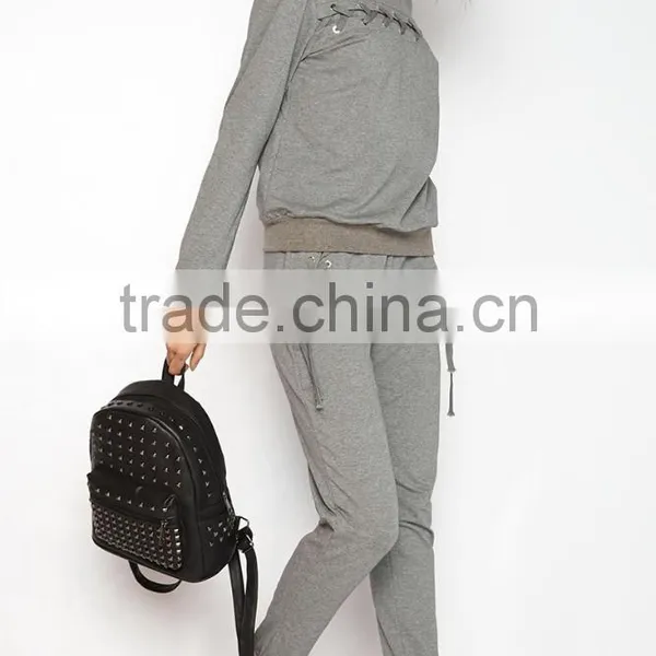 Urban Fashion Tracksuit Female Cheap Custom Grey Plain Latest Design Blank Fitted Sports Womens Tracksuits With Cross Details photo-4
