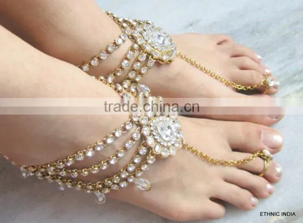 GOLD Tone Crystal PAYAL Anklets Pair With Toe Ring Barefoot Sandal photo-2