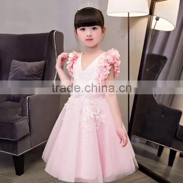 New Baby Frock Design 2017 Sleeveless Pink and Gray Embroidery Flower V Collar Vietnam Party Dresses Chiffion Wedding Dresses photo-2