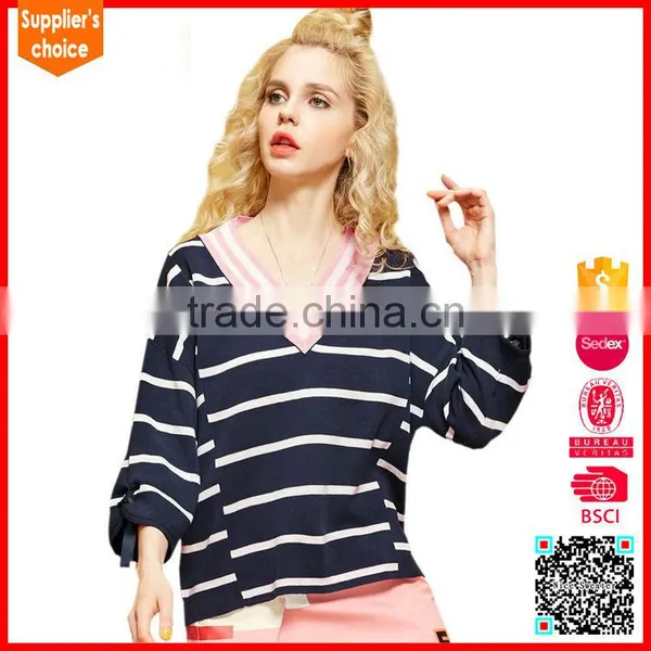 Hot Style Long Sleeves Ladies V-neck Pattern Sweater Knitted Striped Pullover