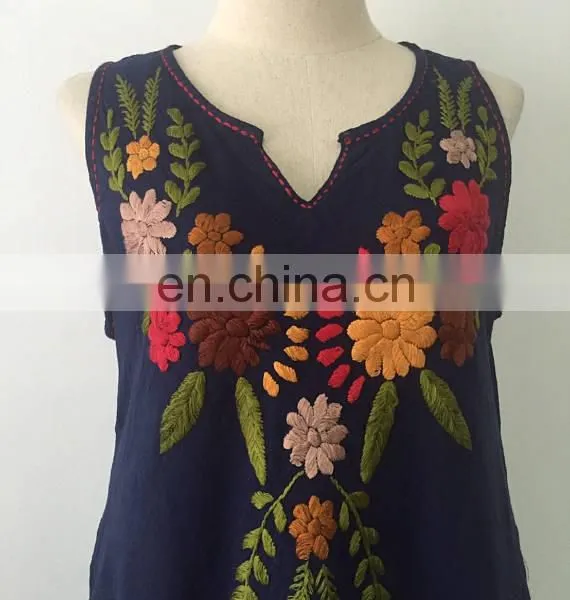 Beautiful Collection 100% Cotton Fabric Tunic Elegent Hand Embroidery Mexican Style Fashion Long Blue Tunic Dress photo-2