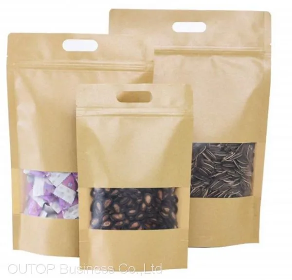OUTOP Packaging Free Samples Standing up Pouches Brown Kraft Paper Bag With Window photo-2