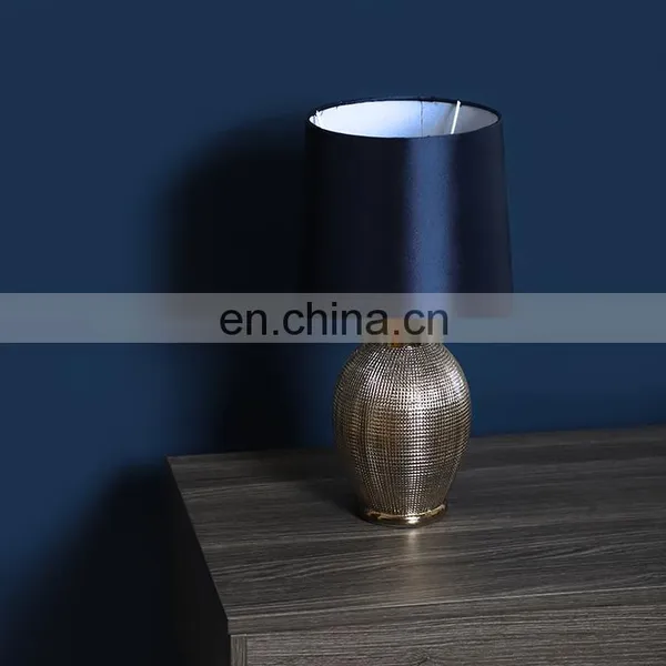 Bucket Shape Unique Silver Embossed Surface Small Dark Blue Nightstand Lamps Ceramic in Bulk photo-3