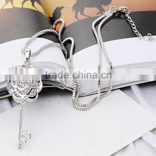 925 Sterling Silver Crystal Hollow Out Flower Key Charm Pendant Necklace photo-3