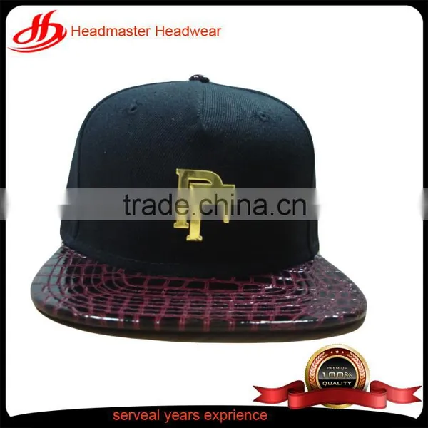 Acrylic Crown and Alligator Leather Brim Metal Logo Strapback Snapback Cap 6 Panel Baseball Cap photo-2