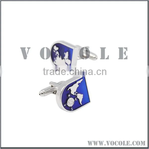 Arc-Shaped Blue Ocean Map with Compass Stainless Steel Silver Cufflink