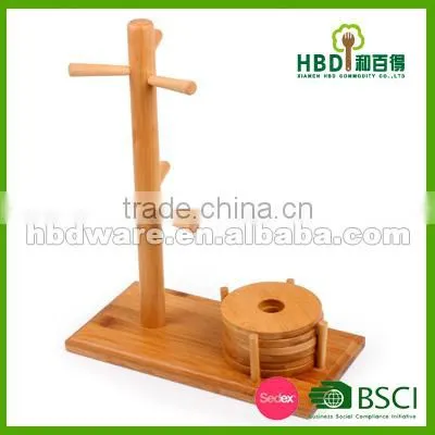 Classical Bamboo Wood Mug Tree With Coaster Set photo-2