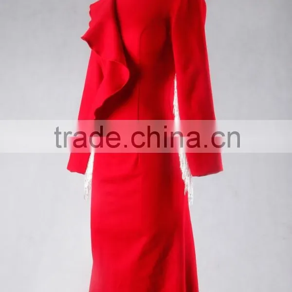 J--00103 Red Long Sleeve Muslim Evening Dress Customized Tassles o Neck Evening Gown photo-4