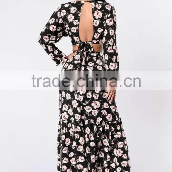 100% Rayon Floral Matching Set Long Sleeve V Neckline Open Back Crop Top and Maxi Skirt Set photo-4