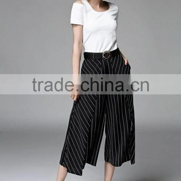 Two Pieces Set Women New Fashion Summer 2016 Ladies Off Shoulder T-Shirt Tops and Striped Print Wide Leg Pants photo-3