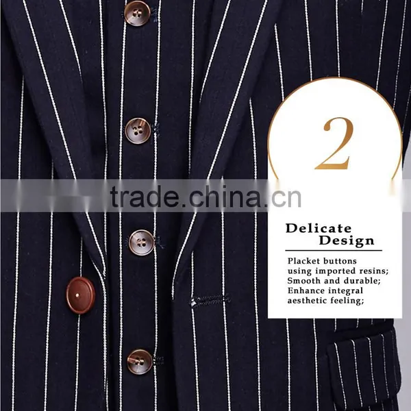 2017 Latest Design 3 Pieces Suits With Long Blazer Waistcoat and Pants Dark Blue Stripe Suite Made in China photo-5