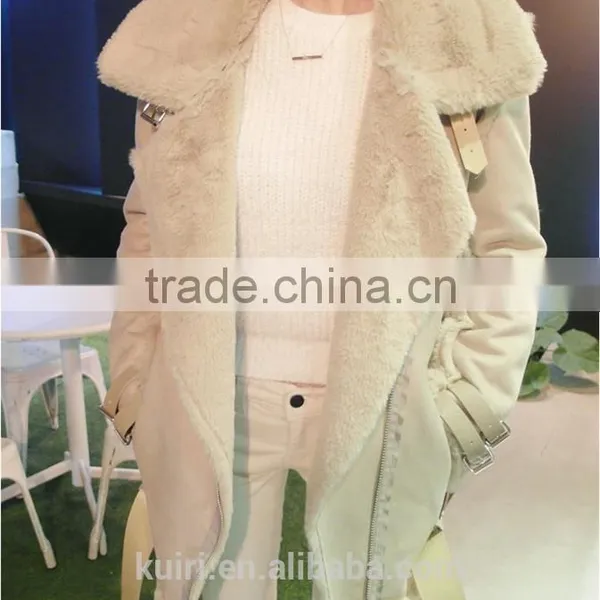 Faux Fur Leather Jackets 2016 Fashion Women's Imitation Lambs Wool Coat Spliced Large Lapel Overcoat With Belt photo-2