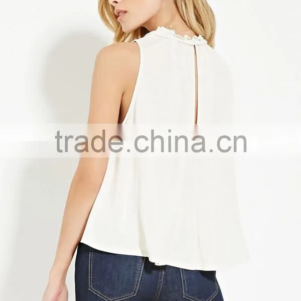 2016 Guangzhou Shandao Oem Service Summer New Design Casual Chiffon Plain Dyed Sleeveless Women Pleated Manufacturers Top photo-3