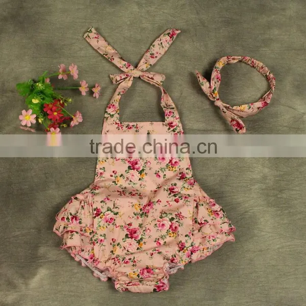 Infant Gtirls' Cotton Flower Straps Ruffles Bodysuit photo-2