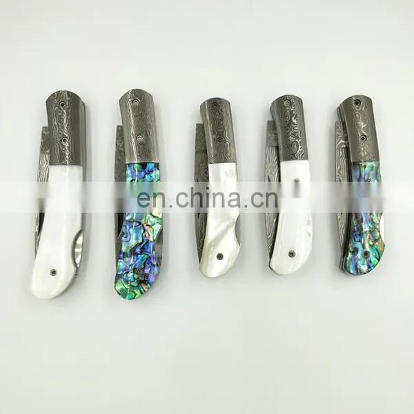 Handmade Exquisite Shell Handle Backlock Damascus Folding Gift Knife photo-3