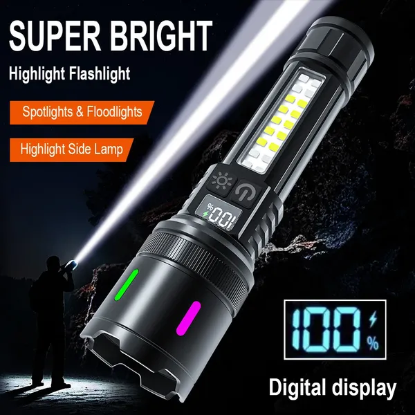 Rechargeable LED Flashlight 320LM Zoomable Torch With Side Warning Light Digital Battery Display for Outdoor Camping Emergency photo-2