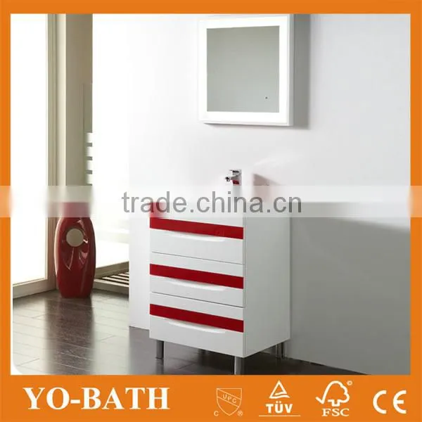 24" Modern White Red Bath Vanity With Red Glass Wash Basin photo-2