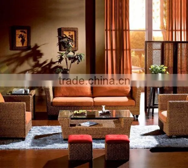 Living Room Sofa Set With Water Hyacinth Material - Wicker Style Design
