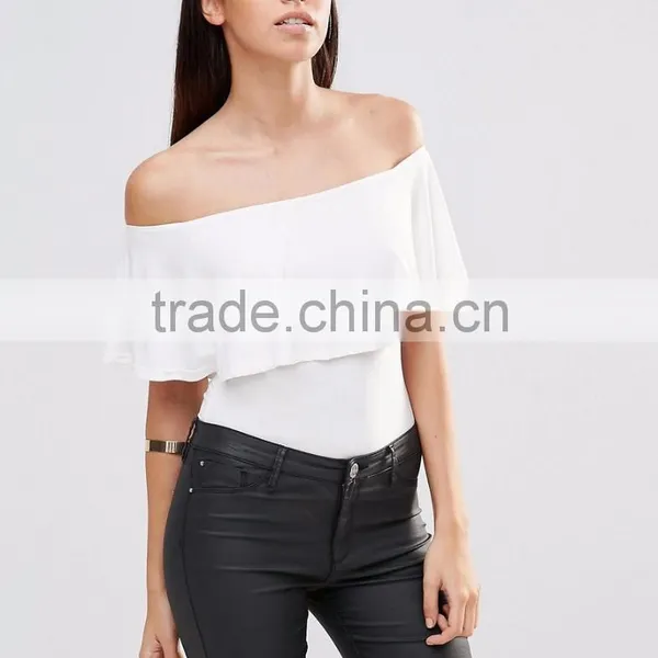 MGOO Women Slinky Bardot Bodysuit With Frill Overlay Plain White Sexy Off Shoulder Bodysuit Playsuit photo-2