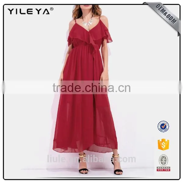 Latest Ladies Ruffle Detailing Women Casual Dress High Slit Ruffle Slip Chiffon Dress