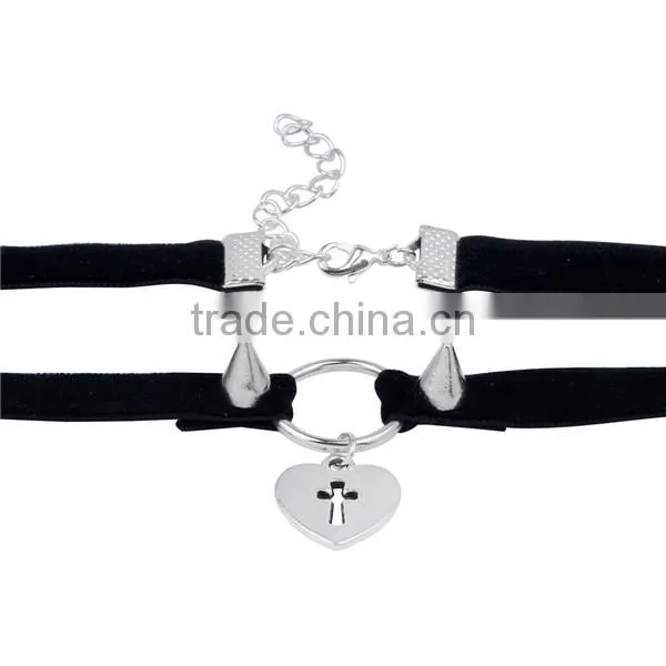 Velveteen Halloween Choker Necklace Antique Silver Black Heart Cross 34cm Long photo-3