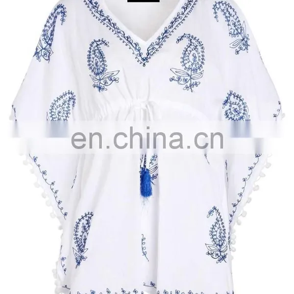 2015 Wholesale EMBROIDERED POM POM TRIM KAFTAN Slim Embroidered Poncho/ Short Kaftan For Women Summer Wear photo-3
