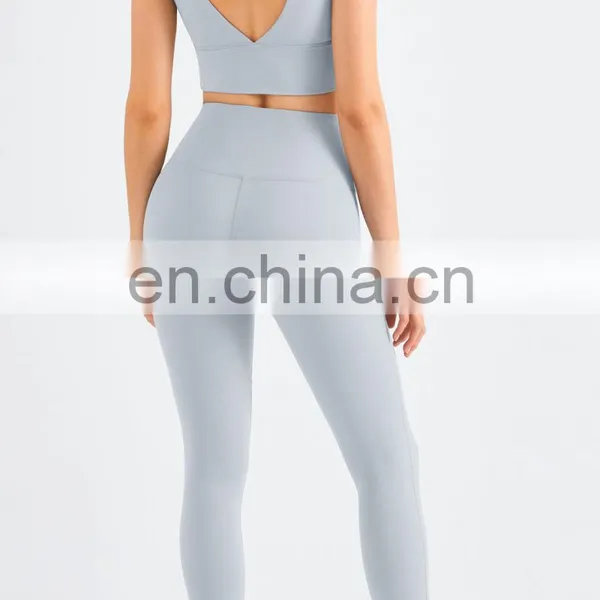 Custom Deep V Back Bra Match Crotchless Leggings 2pcs Yoga Suit Set Women Sports Gym Tracksuit Ladies Gym Fitness Sets photo-3