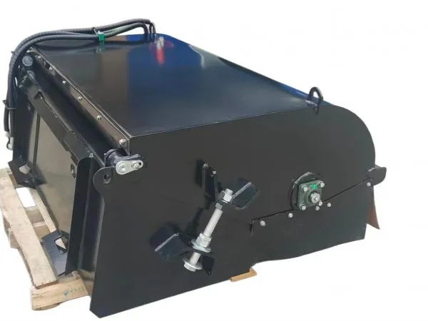 Skid Steer Sweeper Attachment with Bolted Top Lid and Hydraulic Hose Guide