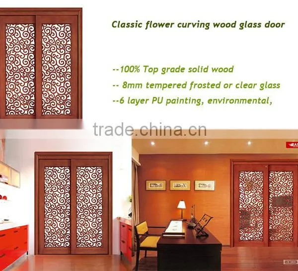 Rustic Interior Room Flower Carving Wood Frame Sliding Glass Door photo-2