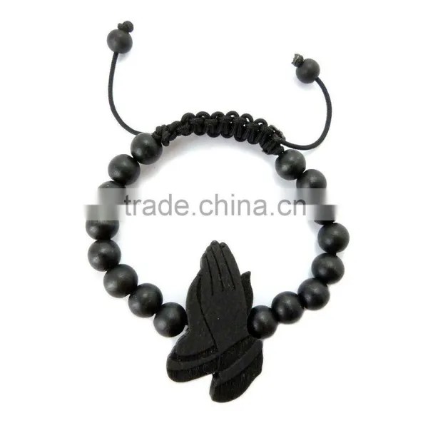 Good Quality Wood PRAYING HANDS Pendant Adjustable Hip Hop Wood Bracelet photo-2