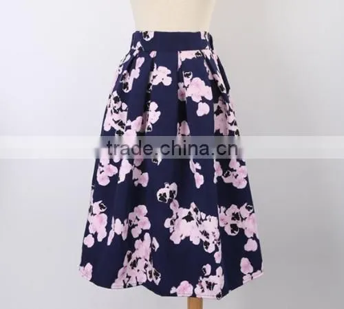 New Fashion Women's Retro Vintage Style Fashion Floral Casual Pleated Midi Puff Bubble Skirt photo-2