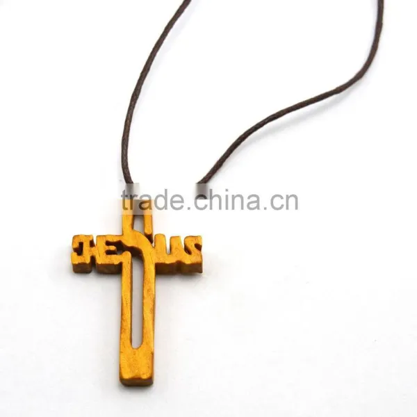 Wholesale Carved Wood Cross JESUS Pendant, Wax Line, Religious Necklace