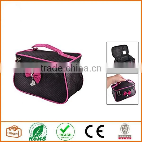 Women Dots Printed Fuchsia Bowknot Decor Zipper Cosmetic Bag Pouch Black photo-2