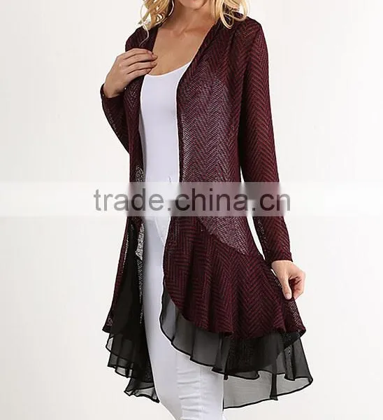 Stylish Girls Women Fashion Burgundy Layered Open Cardigan With Ruffle Hem Polyester Rayon Spandex Cardigan Wholesale photo-4