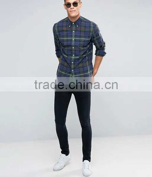 2016 High Quality Custom Long Sleeve Check Print Button Down Collar Chest Pocket Mens 100% Cotton Casual Shirts photo-4