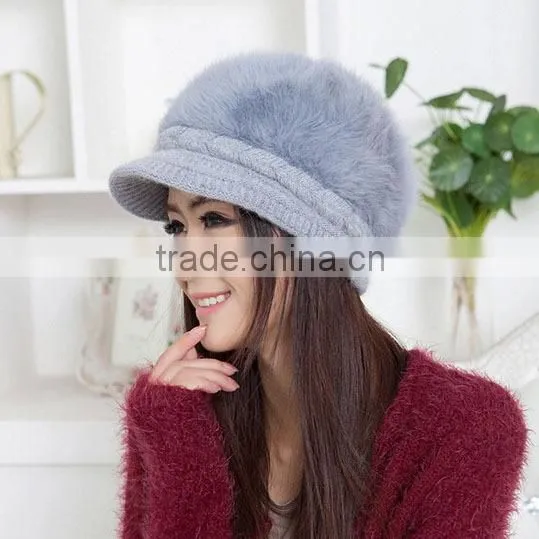 4 Colors Available Warm Knit Winter Wool Rabbit Fur Women Hat Beret Stock photo-4