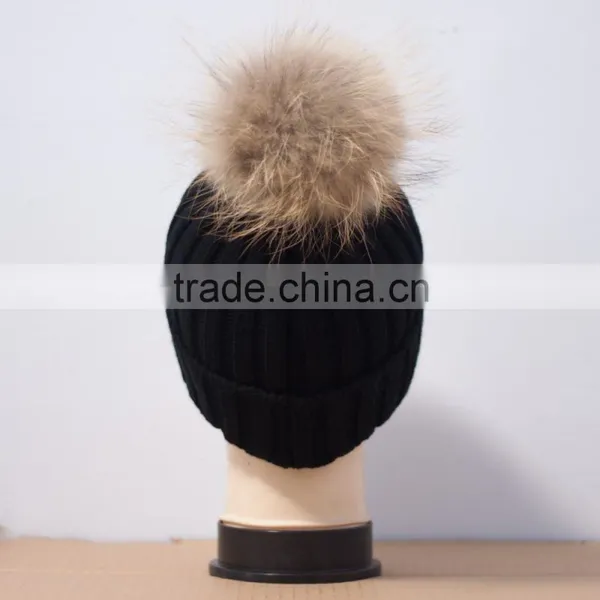 KH1214 Knitted Full Raccoon Fur Pompom Wool Hat photo-3