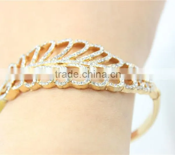 Gold Plated Fashion Design Feather Metal & White Diamond Open Cuff Bangle Bracelet For Women Gift For 2016New Intrend Style photo-5