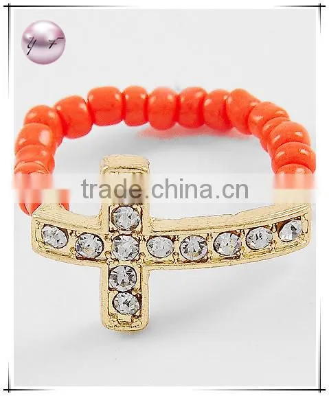 Gold Tone Orange Seed Beads Cross Ring